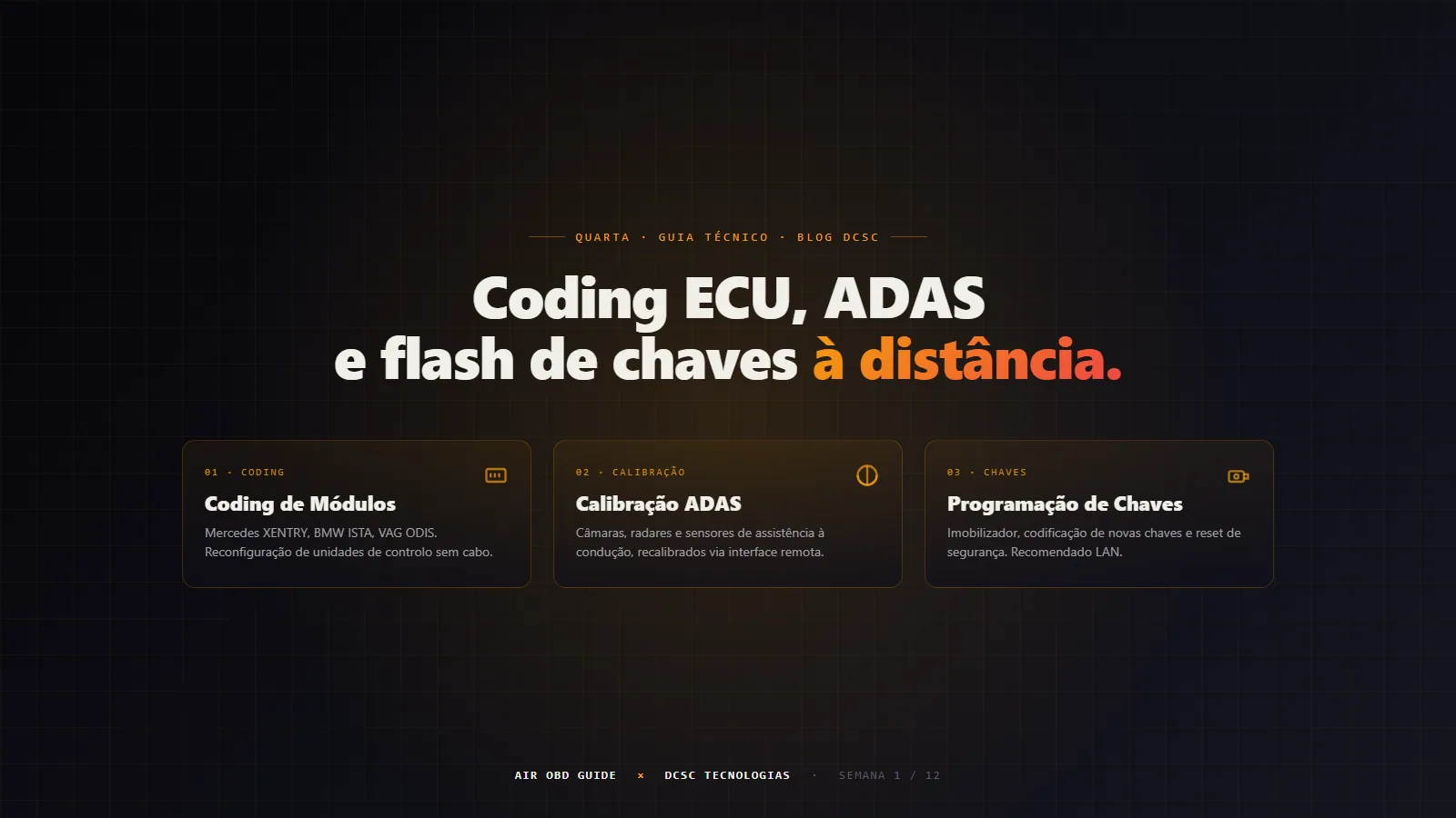 Três módulos de diagnóstico remoto via AIR OBD: coding de módulos ECU, calibração ADAS e programação de chaves — guia técnico DCSC