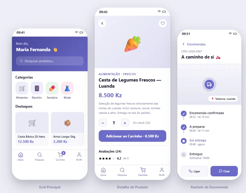 App PraOnde (iOS e Android) — ecrã inicial, detalhe de produto e rastreio da encomenda